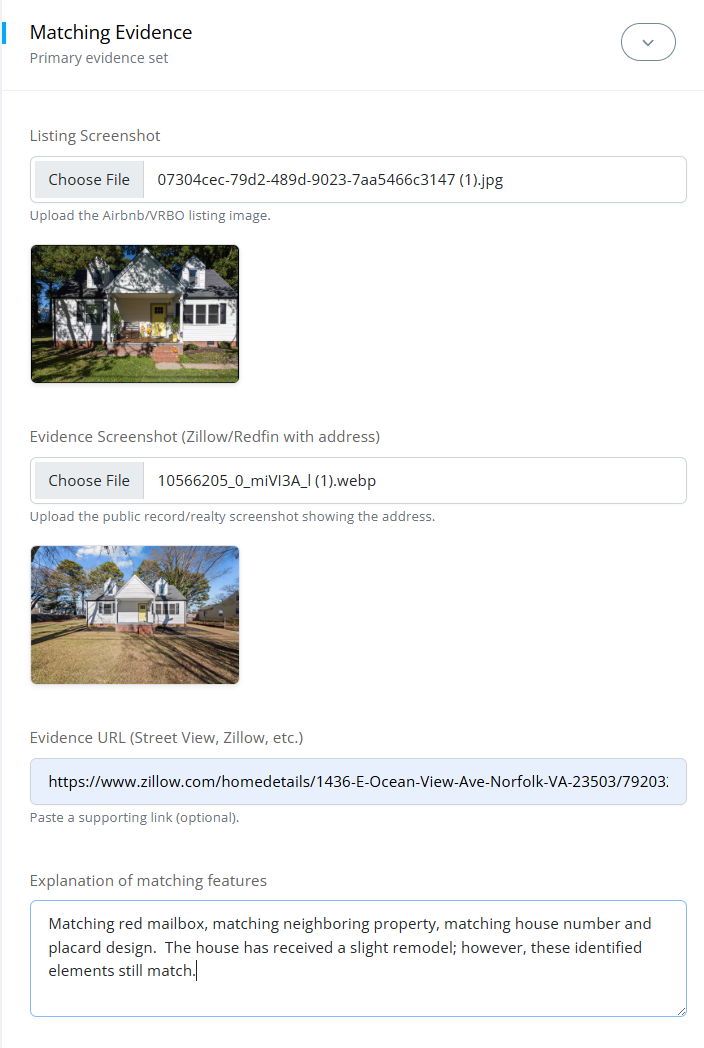 The evidence submission form