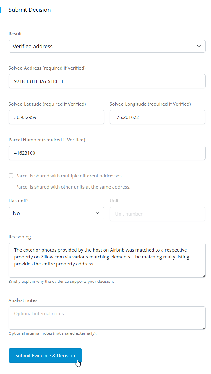 The rest of the evidence submission form