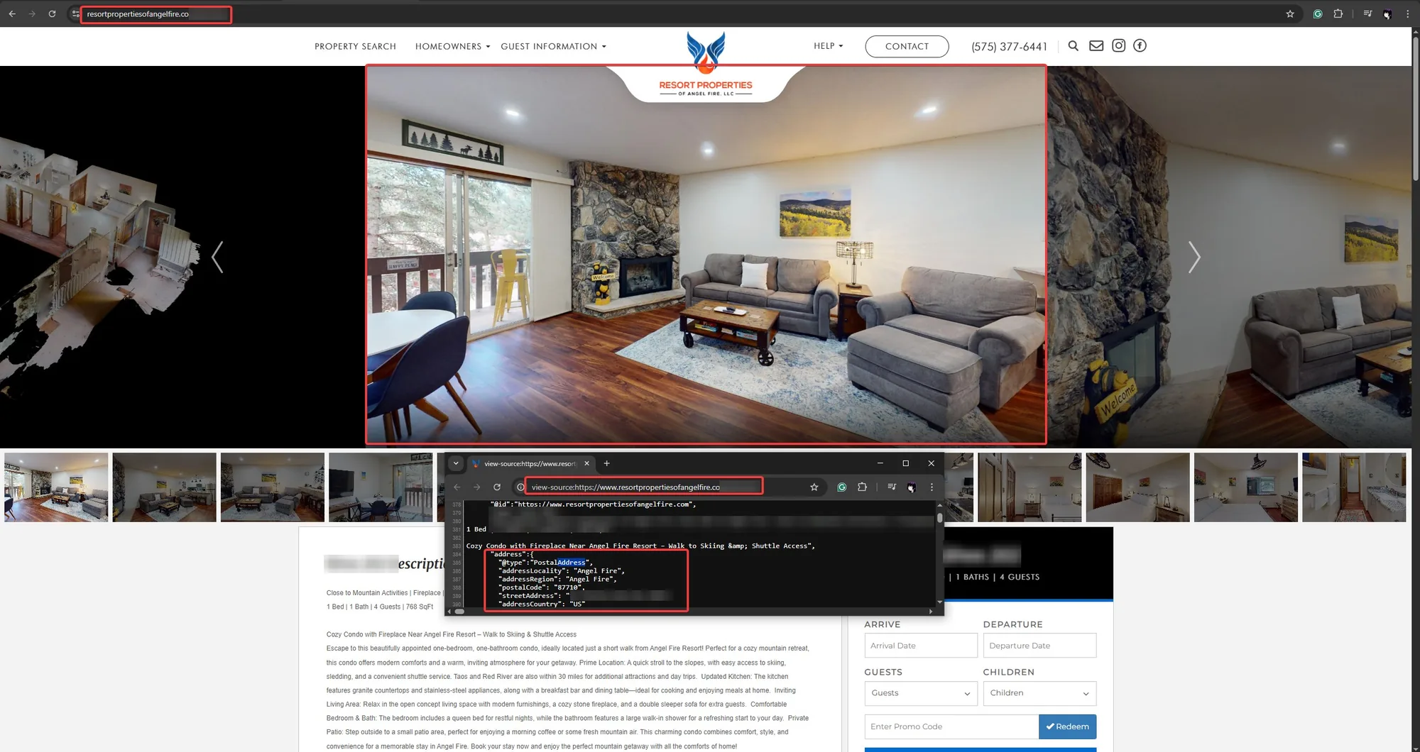An Angel Fire condo listing with the page source open, showing the street address and unit number in the structured data