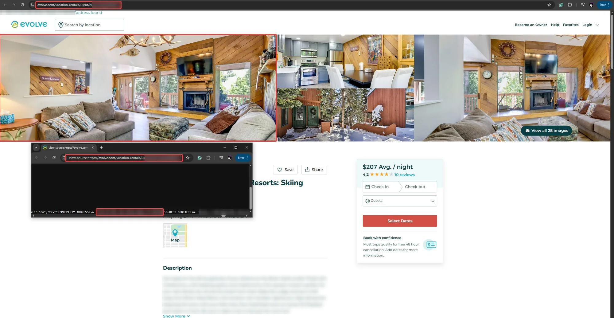 An Evolve condo listing with the page source open, showing a property address and guest contact details in the page data