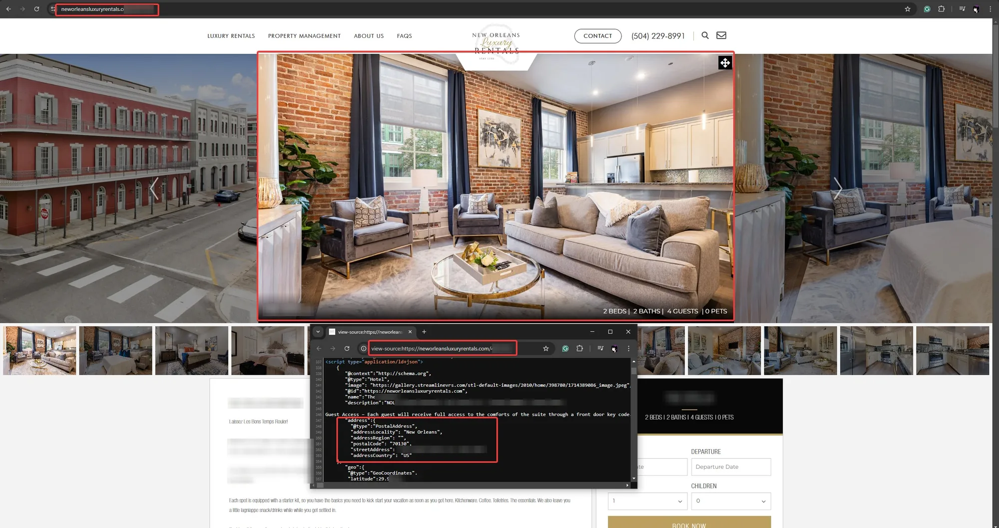 A New Orleans rental listing with the page source open, showing the street address and unit number in the structured data