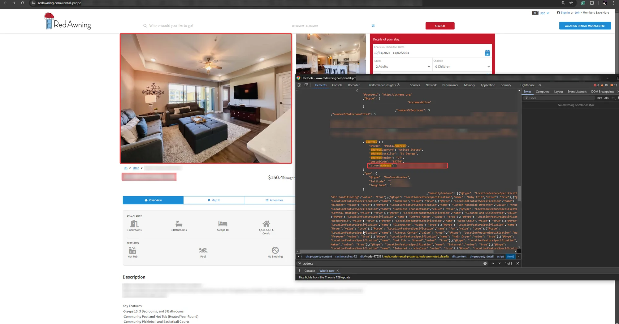 A RedAwning condo listing with the browser's developer tools open, showing the full street address in the page's structured data