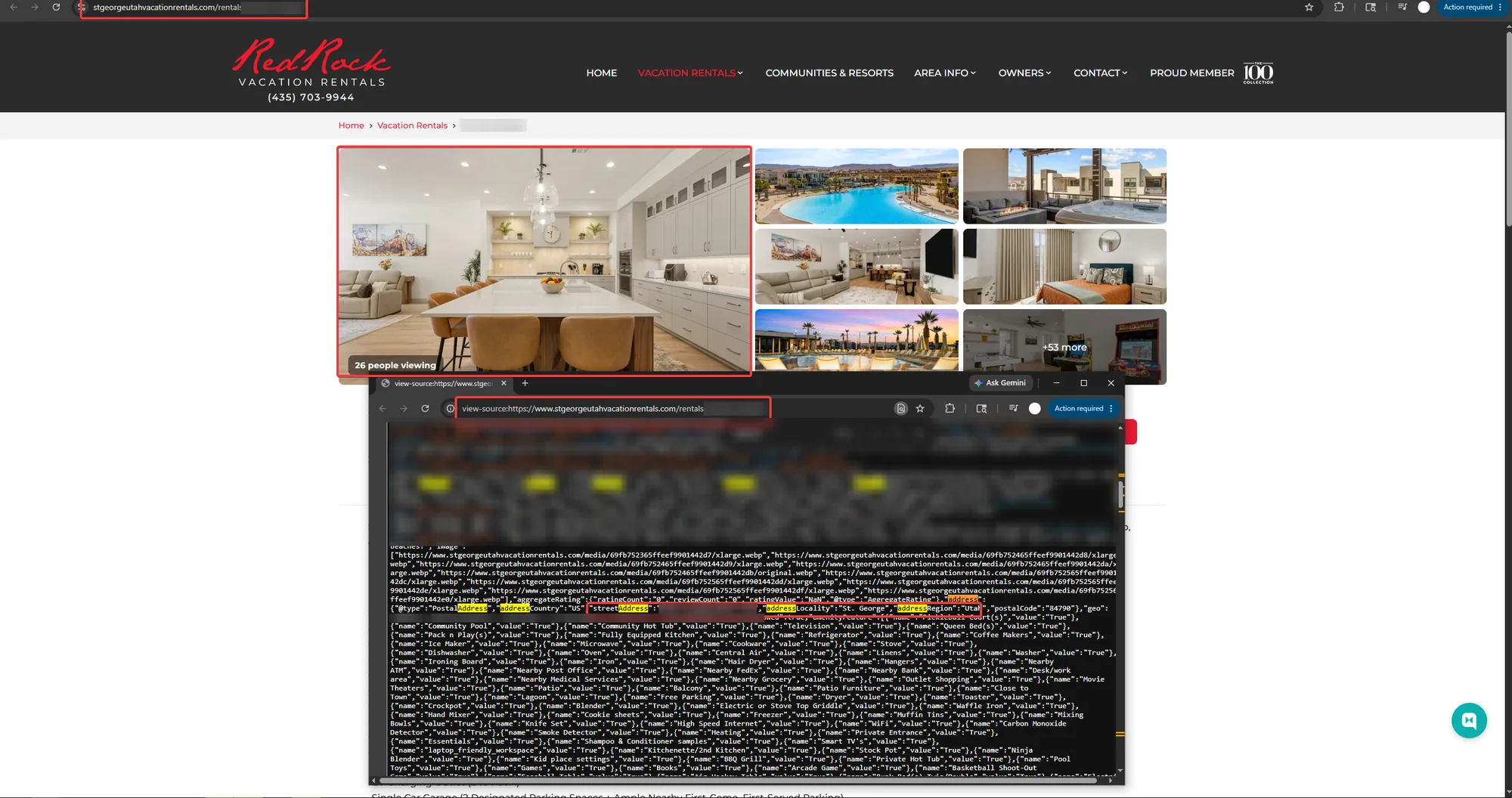 A St. George rental listing with the page source open, showing the street address in the structured data